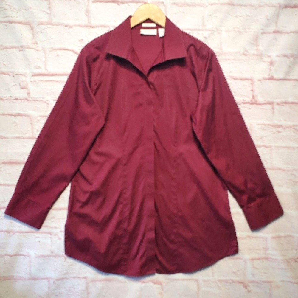 Chicos No-Iron Top Womens Medium Burgundy Cotton Button Front‎ Long Sleeve Shirt